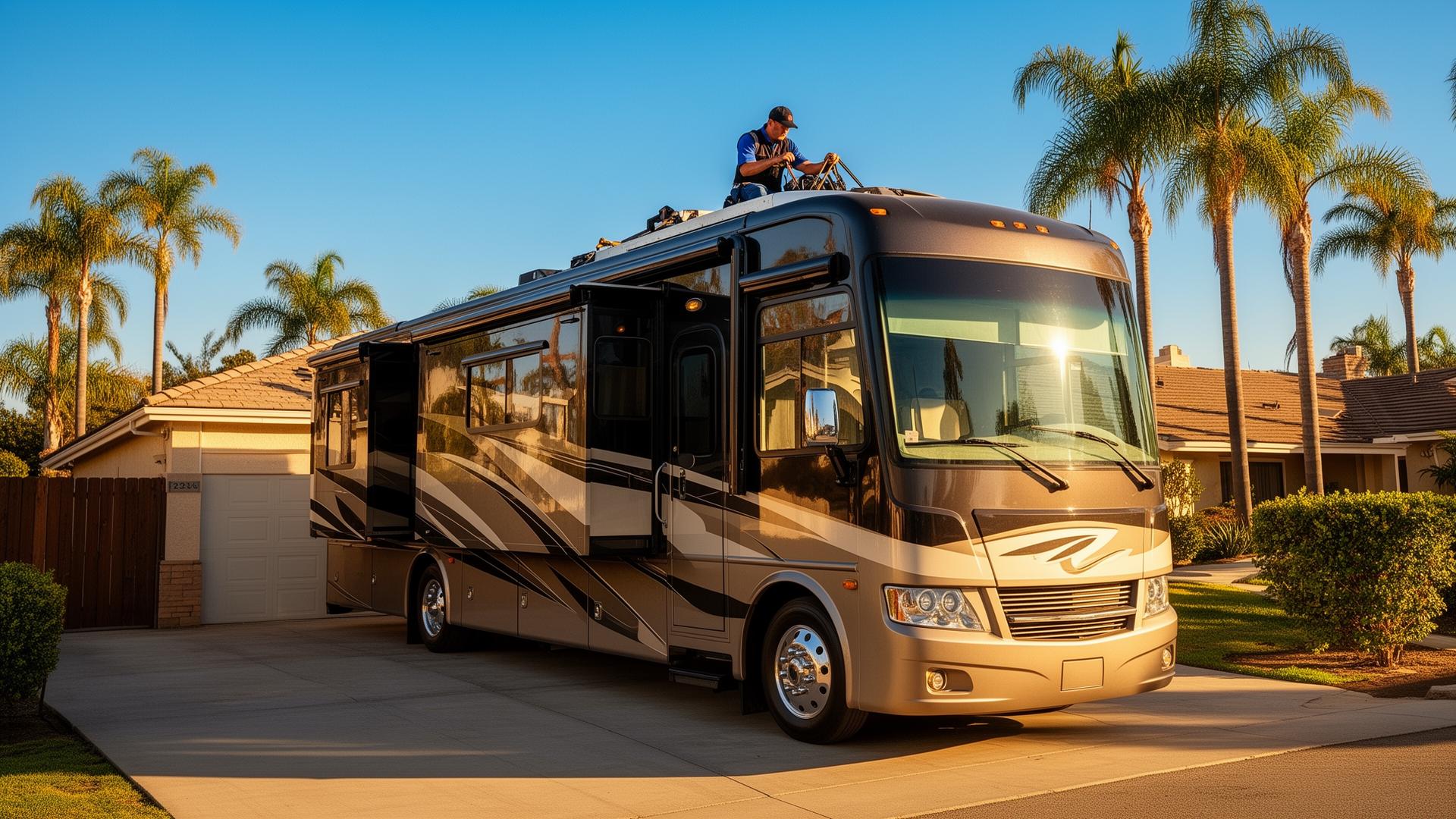 Mobile RV technician working on a Class A motorhome in Orange County